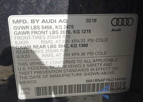 2018 Audi Q5 2.0T Premium/2.0T Tech Premium z USA, uszkodzony, nr VIN WA1BNAFY9J2144952